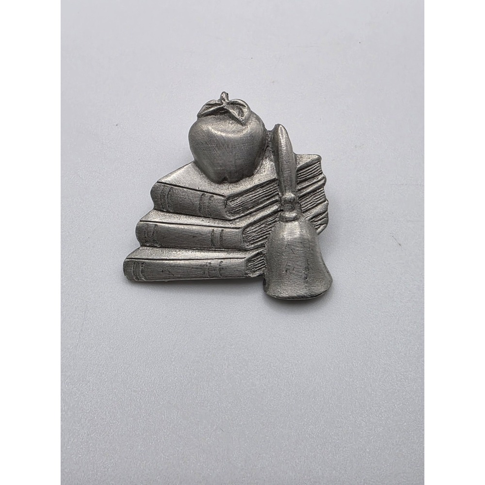 HCD Signed Apple Books & School Bell Teacher Silver Tone Pin Brooch